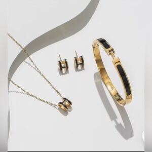 18K Gold Black Enameled Minimalist Letter H  Necklace, Earrings & Bracelet Set